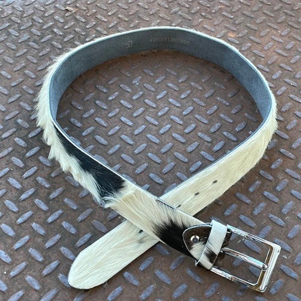 Real Fur Belt WhiteBlack Tone Genuine Leather Waistband Handmade Belt Size 38 - Picture 5 of 7